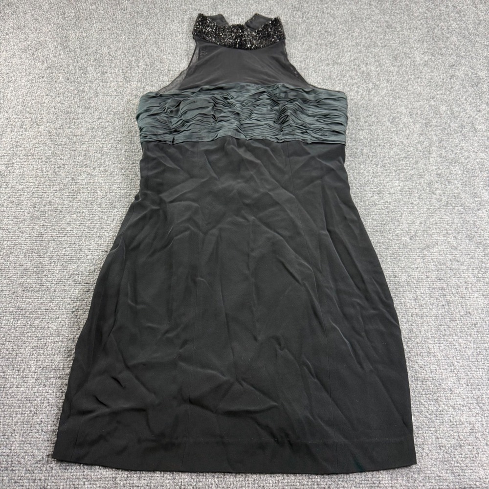 Oleg Cassini Black Tie Dress 8 Black Beaded Mesh Ruched Cocktail Womens